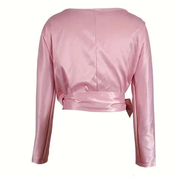 Blush Pink Satin Wrap Blouse with Bow & Brooch – Elegant Off-Shoulder Top - Picture 5 of 11